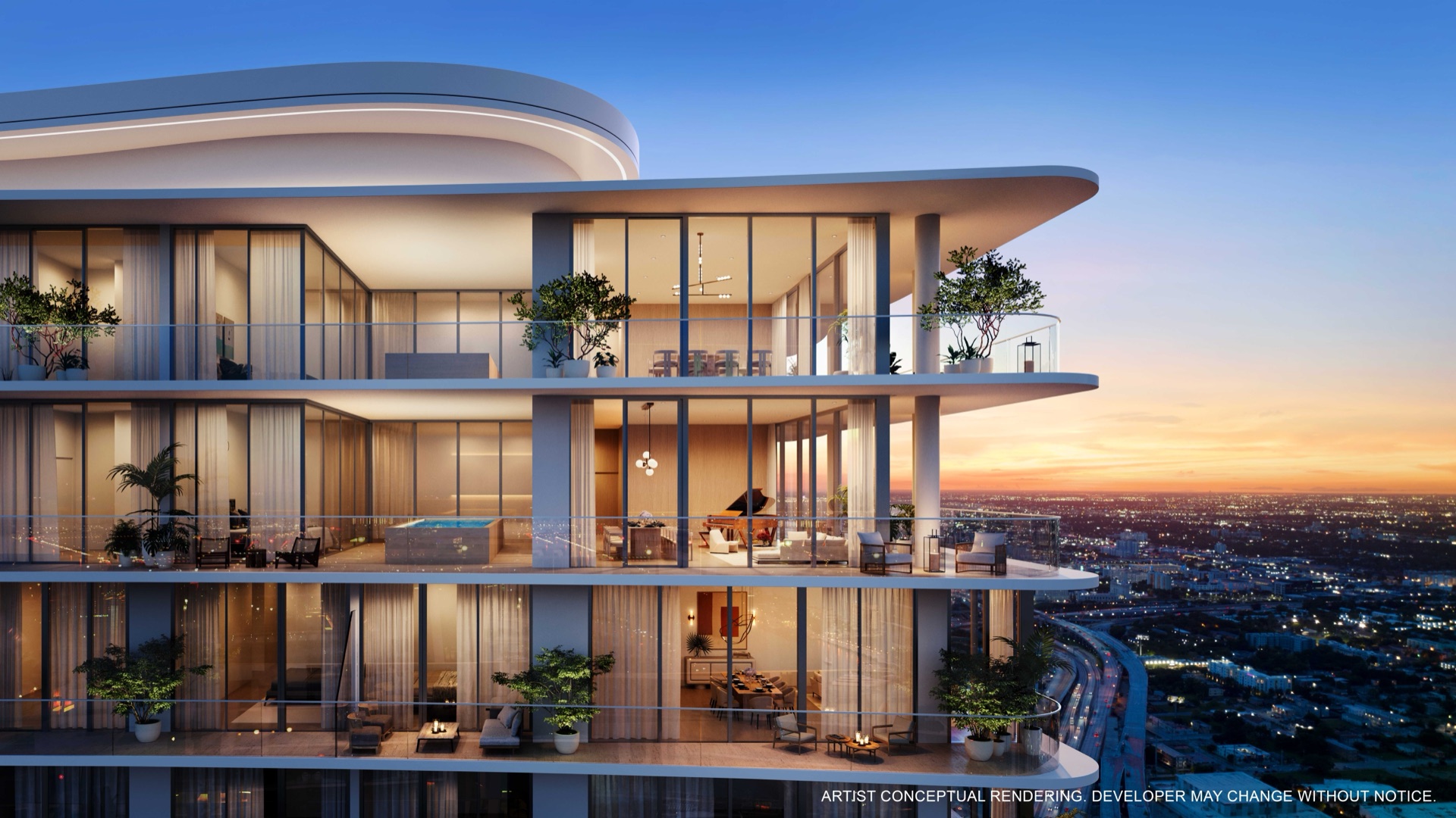 JEM Residences Miami — the golden, sculpted crown of the Arquitectonica-designed tower at Miami Worldcenter shown at dusk, with wraparound terraces and Sky Villas. Interiors by Rockwell Group, developed by Naftali Group.