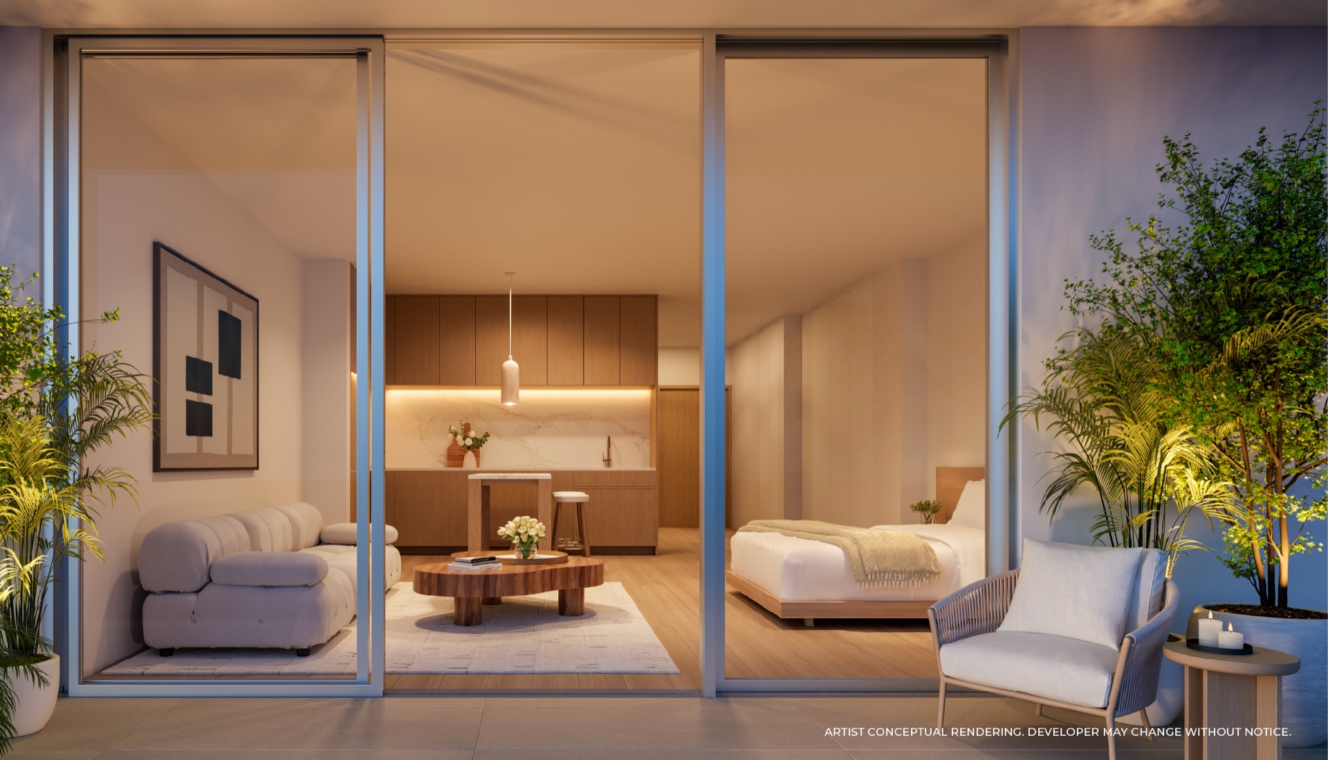 Private wraparound terrace at JEM Residences Miami at dusk — fully tiled with glass railings, overlooking Miami Worldcenter and Biscayne Bay from the upper floors of the tower.