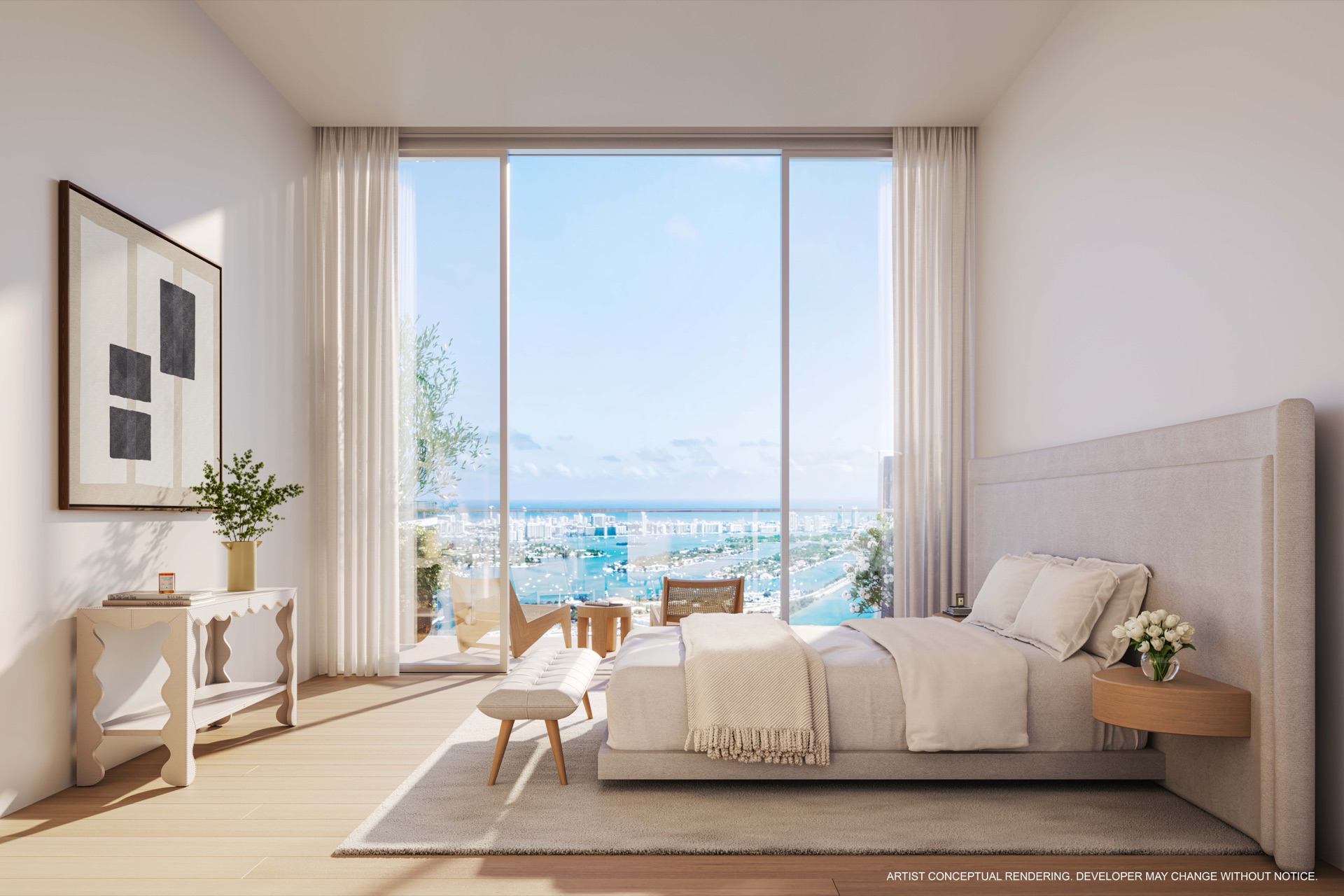 Primary bedroom at JEM Residences Miami — floor-to-ceiling glass with terrace access, white oak flooring, and skyline views. Interiors by Rockwell Group.