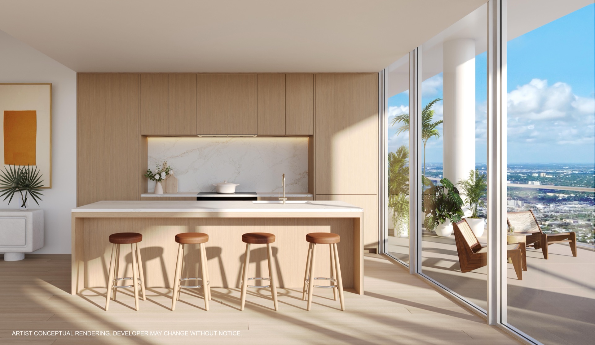 Kitchen at JEM Residences Miami — custom Rockwell Group millwork, honed Calacatta Gold Quartz countertops and island with oak bases, Miele and Sub-Zero appliances, and Kohler fixtures.