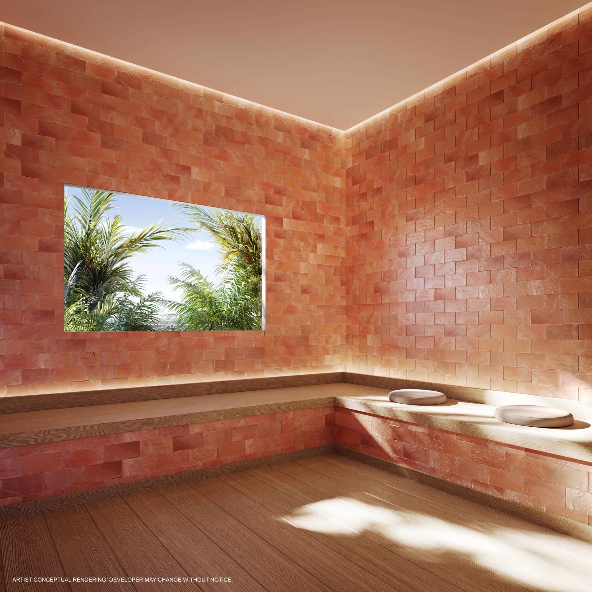 Spa suite at JEM Residences Miami — a pink Himalayan salt room within a wellness collection that includes a sculptural dry sauna, steam room, and private treatment room on the JEM Club floor.